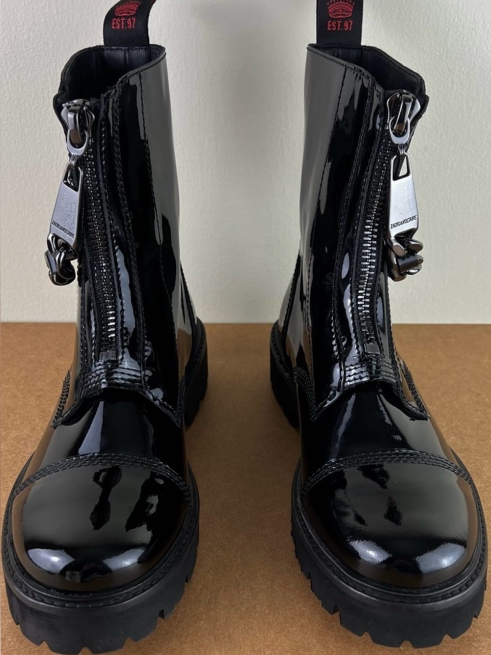 NEW ZADIG & VOLTAIRE BLACK PATENT LEATHER BOOTS - Picture 10 of 12